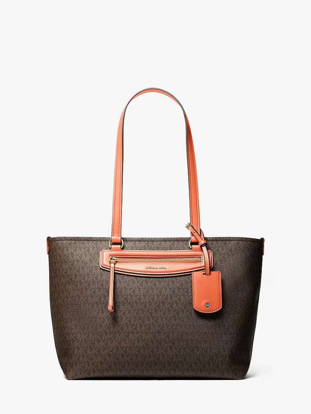 Michael Kors Brown Tote with Coral Handles and Trim